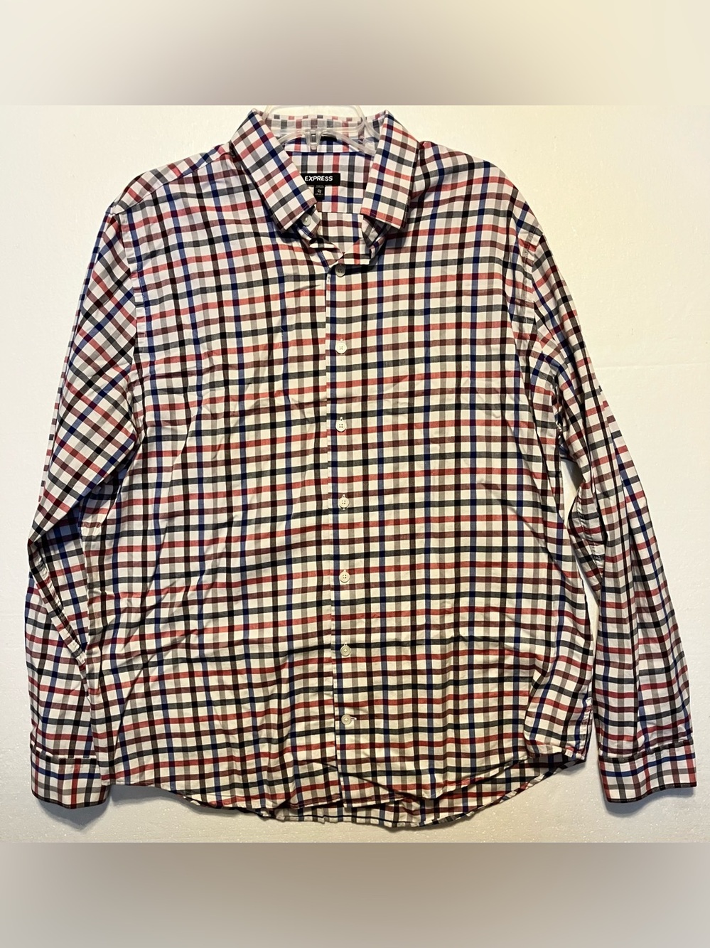 Express Men’s Red, Blue & White XL Plaid Button-Down Shirt